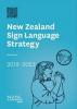 The blue cover of the NZSL Strategy 2018-2023 and a woman signing "NZSL"